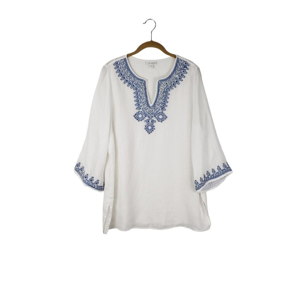 J Jill Love Linen Tunic Top Blue White Embroidered Beach Coastal Size Small